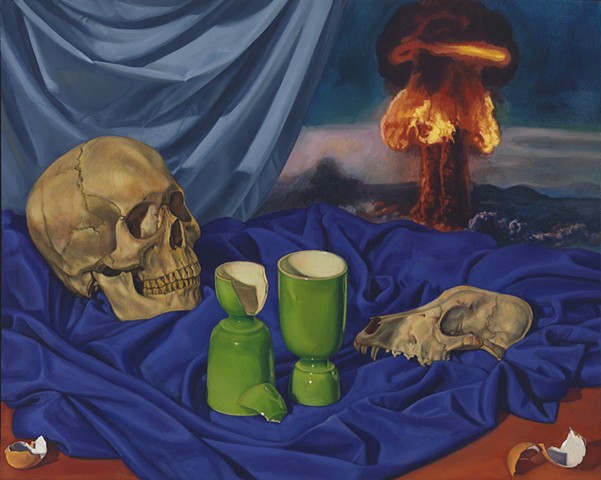 Pamela Sienna still life painting, skull, cloth, painting with atomic bomb, contemporary realism 