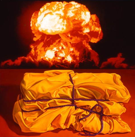 Pamela Sienna, oil painting, still life of cloth with atomic explosion