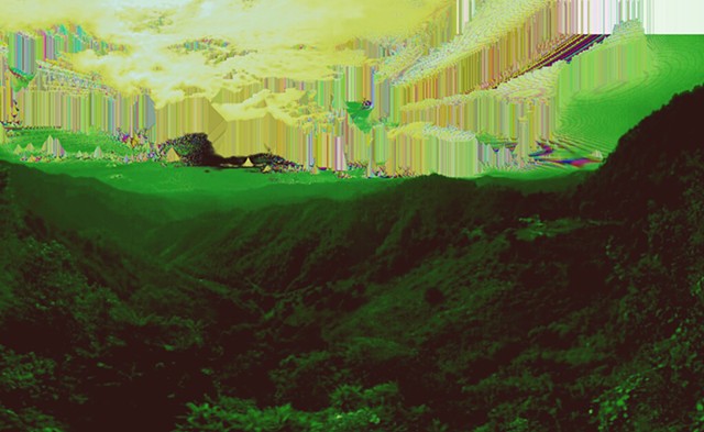 Digital artwork, glitched sky over forested mountains, created by J4Kd