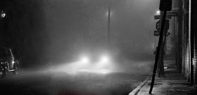 "Wandering in the foggy evening" by Richard Mann, a black and white image of mystery and intrigue in the alleys of the ambiguous Venice Beach area.