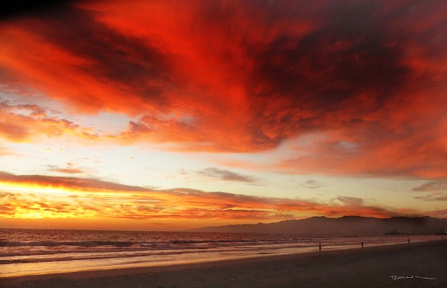 Santa Monica Mountains and beach at the sunset.