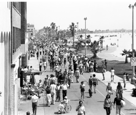 Venice Beach Ca. Ocean Front Walk (Boardwalk) areial view facing south 1974 