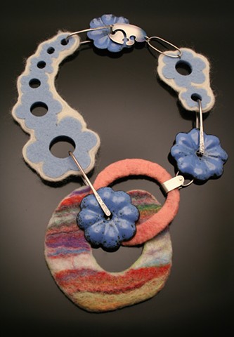 Neck piece made of silver, felted wool, and enameled steel. Contemporary jewelry, Felted wool jewelry, Mixed Media Jewelry.