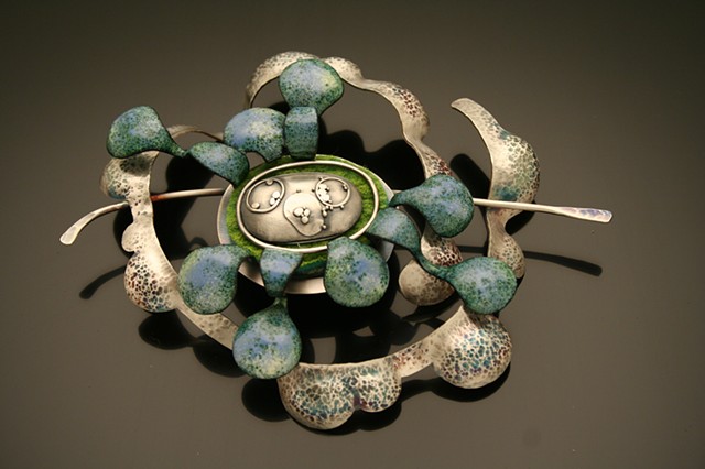 silver and enamel brooch with granulation, contemporary jewelry, enameling
