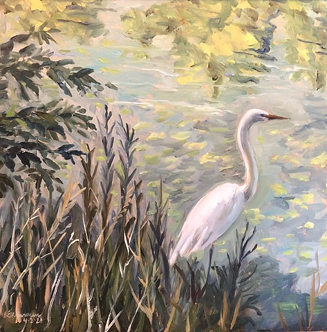 White Egret at Powderhorn Park, Lake Painting