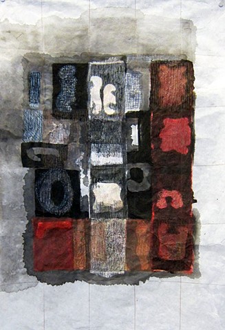 Mixed-media drawing with Sumi ink on handmade paper, based on a fictitious alphabet by Carmi Weingrod