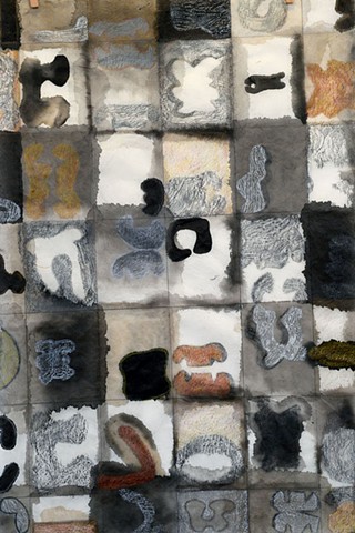 Mixed media drawing with Sumi ink on handmade paper, based on a fictitious alphabet by Carmi Weingrod