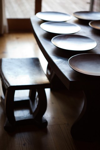 Madrone Plate Set on Redwood Table with Redwood Stool
(Paige Green photo)