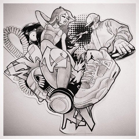 Graffiti/DJ themed Collage Tattoo Design