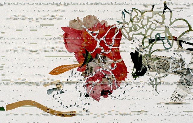 Detail showing piano roll background with collaged elements from books, underneath plexiglass text