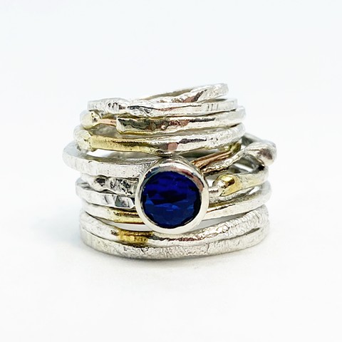 Silver, Gold, and Sapphire Stacking Rings