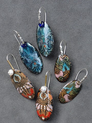 Enamel earrings with etched renaissance pattern