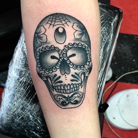 Mackenzie Meyers - Black & Grey neotraditional sugar skull tattoo