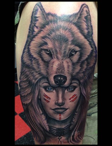 Ron Meyers - Indian Girl W/Wolf Headdress Tattoo