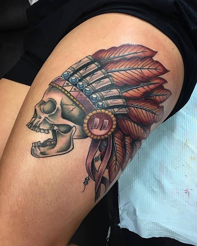Mackenzie Meyers - Skull tattoo with Native American Headdress