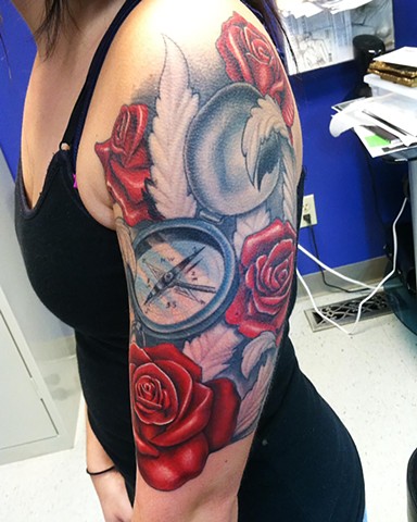 Ron Meyers - Roses & Compass half Sleeve Tattoo
