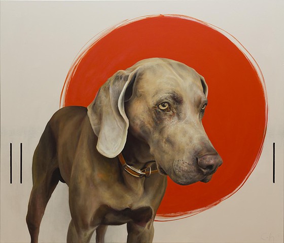 a contemporary painting of a sport a dog with red circle- weimaraner 