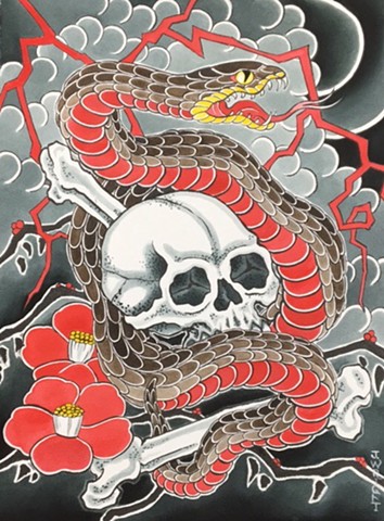 Snake, skull and camellia