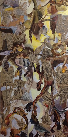 wood panel collage including book pages from Treasure Island, invented creatures, acrylic paint. By David Waddell