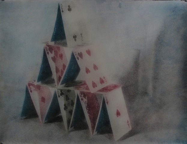 Photographic oil print of a house of cards by E.E. Smith