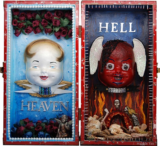 red, doll case, heaven, hell, Ange,l wings, teeth, bones, flames and red roses, maggieyee
