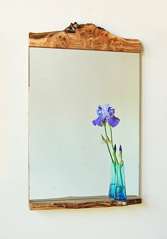 "Big Bit"  mirror series riffing on traditional early American mirrors shown in maple burl. 20 x 38".
