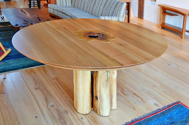 Stumpy series dining table, 60" diameter x 30" high.  White oak on black locust.
