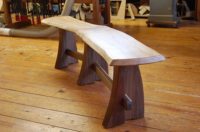 6 legged Sloop bench
Walnut base with elm top
54 to 72" long

available in assorted hardwoods on walnut
and cherry bases
