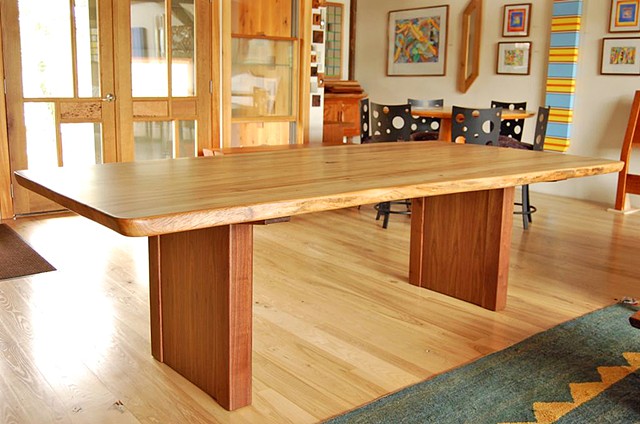 Elm dining table with walnut slab base.