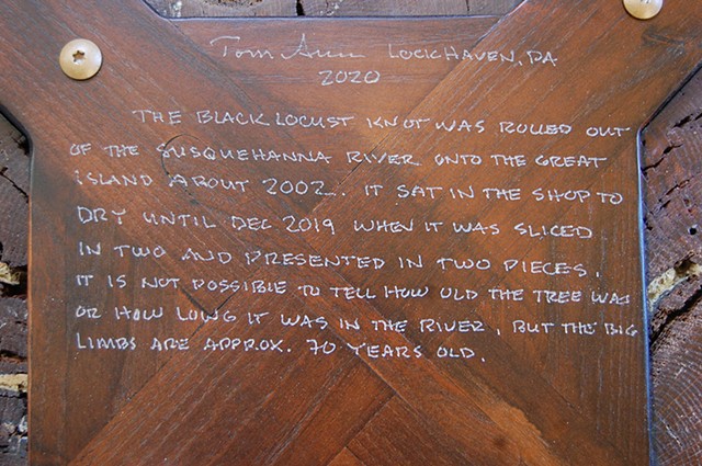 Lumpy the River Knot Coffee Table in two parts - inscription.