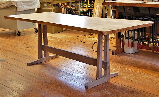 Straight-leg Trestle Table with one-piece Penn State Elm top. on walnut base (unfinished) 43 x88 x 30 h.