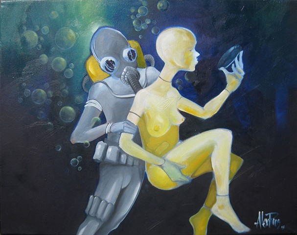 underwater scene scuba mannequin oil painting alex rios