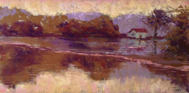 Impressionist color study of a rural landscape, bog house, water reflections