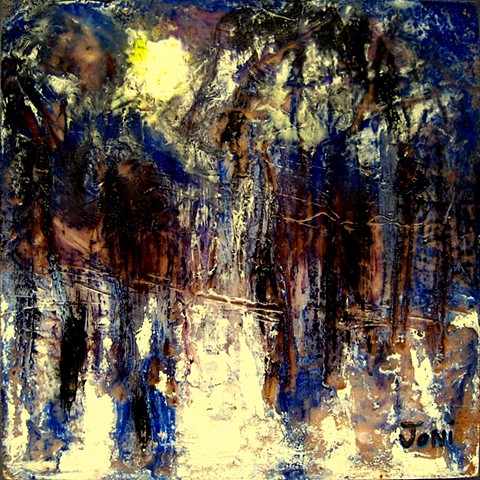 encaustic landscape, moonrise, trees, night scene, winter