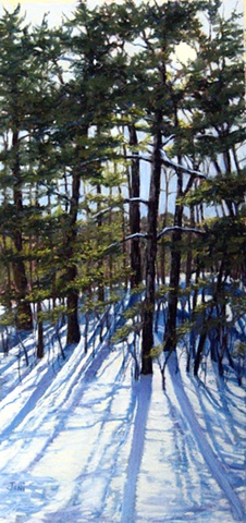 pastel painting of a snow-covered backyard and trees