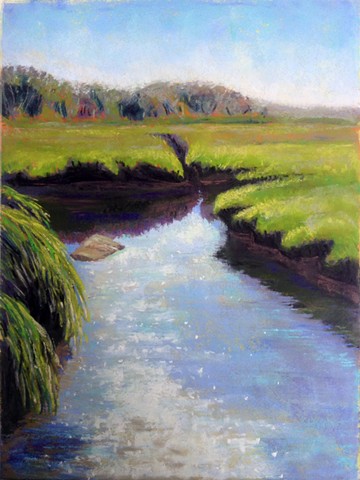 landscape painting of sunlight reflections, sparkling on the waters of the tidal creek and marsh