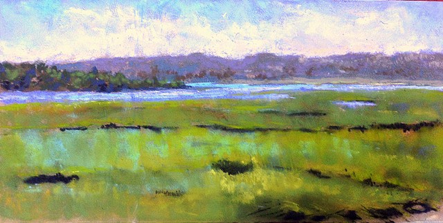 Landscape painting overlooking the tidal marsh on a bright sunny summer day