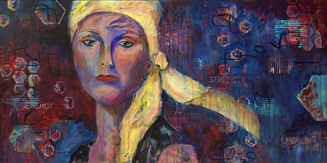 Acrylic painting, modern art, intuitive painting, lady wearing scarf, adversity, cancer, chemo, radiation, strength, energy, healing