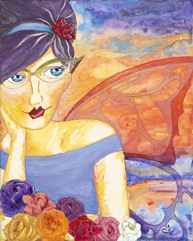 Acrylic painting, modern art, mother, roses, butterfly wing, angel wing, cat eye glasses