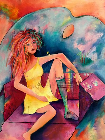 contemporary art, acrylic painting, figure, figurative, portrait, mixed media, crazy hair, stars, rainbow connection, outside the box, yellow dress