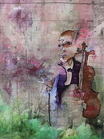 Blind contour mixed media cellist cello music