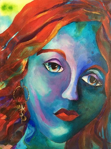 contemporary art, acrylic painting, portrait, stars, earring, red hair, big eyes, red lips