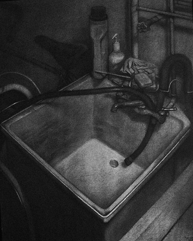 Charcoal drawing of an interior wiith sink