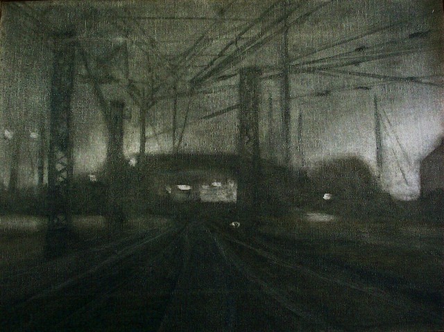 Oil on Canvas Nightscape of rail yard