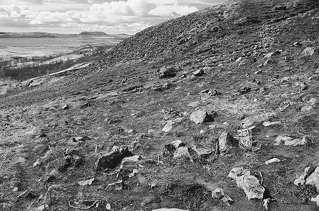 black and white, photo, rock strewn hillside, Iceland