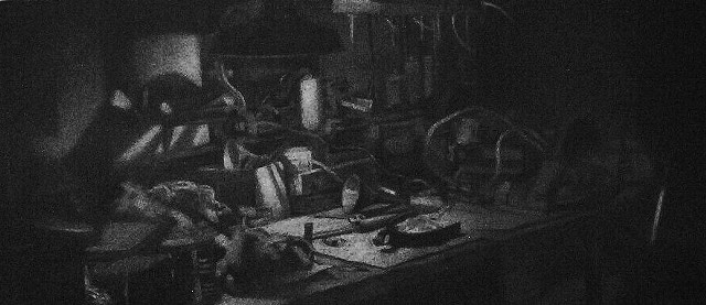 Charcoal drawing of interior workbench