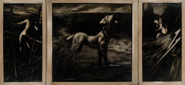 Oil on panel, triptych, nightscape of dog, male figure walking on stilts