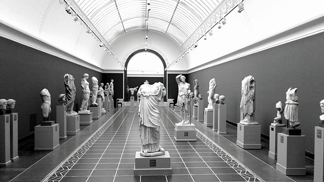 B&W, photo of  Greek sculpture at museum, Denmark