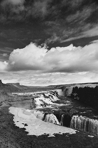 black and white photo, waterfall, Iceland, landscape
