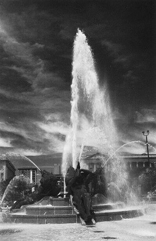 Black and white archival capture photo of fountain